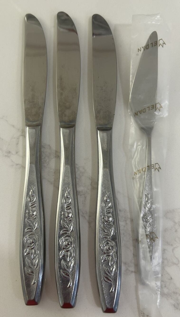 Eldan ELD18 Set 1 Butter 3 Dinner Knives MAY ROSE Textured Roses Stainless MCM
